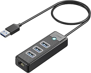 ORICO USB Hub Ethernet, 4 Port USB 3.0 Hub, USB-A to Gigabit Ethernet Adapter with 3 USB 3.0 Hub for Laptop, USB Hub 3.0 with RJ45 10/100/1000 Gigabit -PW3UR-05 (Black（50CM）)