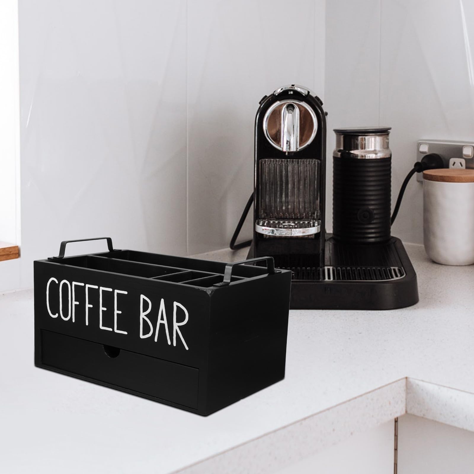 Kaffee und Tee Organizer mit Schublade Vielseitige Aufbewahrungslösung für Küchenarbeitsplatten Minimalistisches Design und Elegante Handwerkskunst