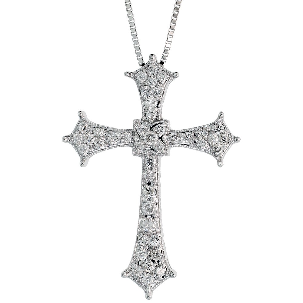 14k White Gold 18" Box Chain & 1 3/16" (30mm) tall Diamond Cross Pendant, w/ 0.60 Carat Brilliant Cut Diamonds