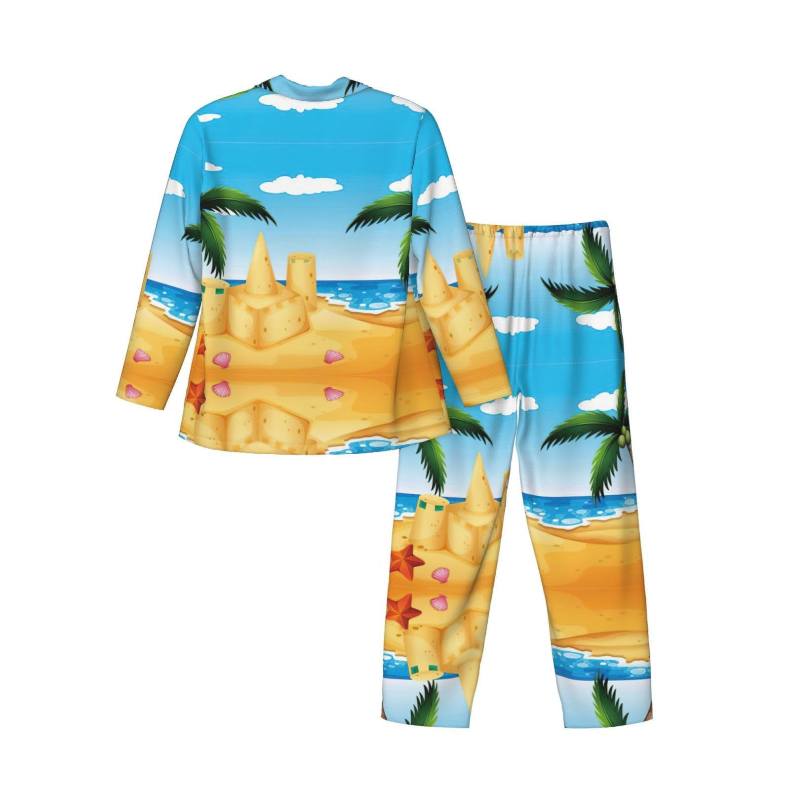 Conjunto de pijama con estampado de casa de arena para hombre, pijama suave de manga larga con botones y bolsillos