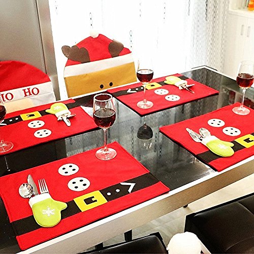 ONLYO Christmas Placemats, Holiday Table Mats Washable Placemats with Cutlery Holder Heat-Resistant Anti-Skid Placemats for Kitchen Table, Dining Table Christmas Decorations Placemats Set of 6
