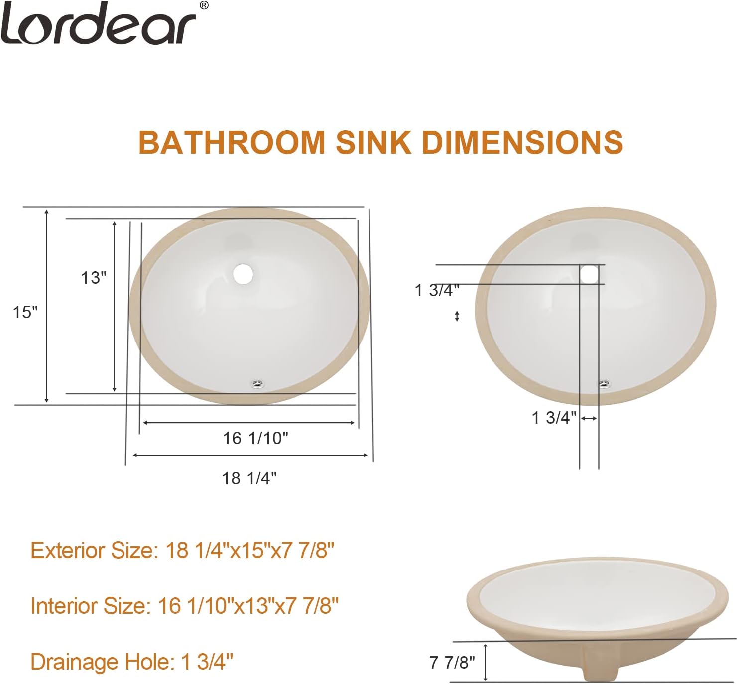 Lordear Undermount Bathroom Sink 18x15 Inch Oval Vessel Sink White Porcelain Ceramic Bathroom Vanity Sink Under Counter Lavatory Basin with Overflow Modern Art Basin
