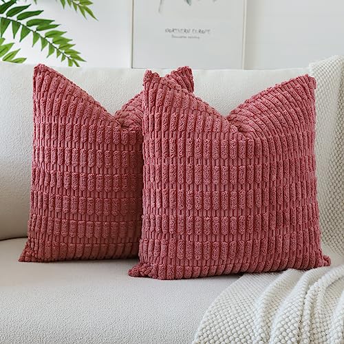 JOTOM Pack of 2 Corduroy Soft Striped Cushion Covers 40x40 cm 16x16 Inch Boho Decorative Throw Pillow Covers Square Cushion Case Home Decor Pillow Cases for Couch Sofa Living Room Bed (Cranberry Red)