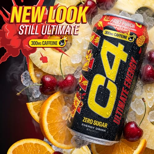Image of C4 Ultimate Zero Sugar Energy Drink, Tri-Stim Experience with 300mg Caffeine + TeaCrine + Dynamine, Fruit Punch, 16oz (Pack of 12)