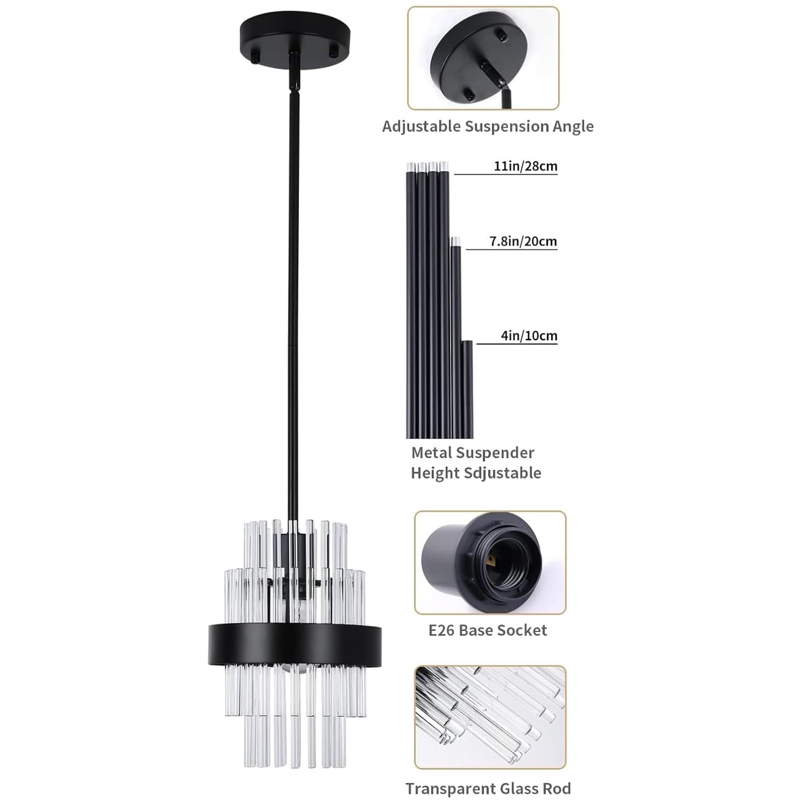 Moderne Hängelampe mit Batterie, 9 Farben dimmbar Pendelleuchte batteriebetrieben mit Fernbedienung, Glaslampenschirm Deckenlampe ohne Stromanschluss, ideale Lampe mit Batterie für Wohnräume.(Black)