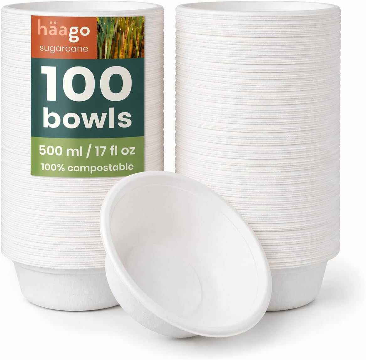 HAAGO 100 Strong Biodegradable Sugarcane Bagasse Bowls, 500ml / 17oz – Heavy Duty Paper Bowls - Leak- & Grease-Resistant - Compostable Disposable for Soup, Curry, Cereal, Dessert, Parties & Catering