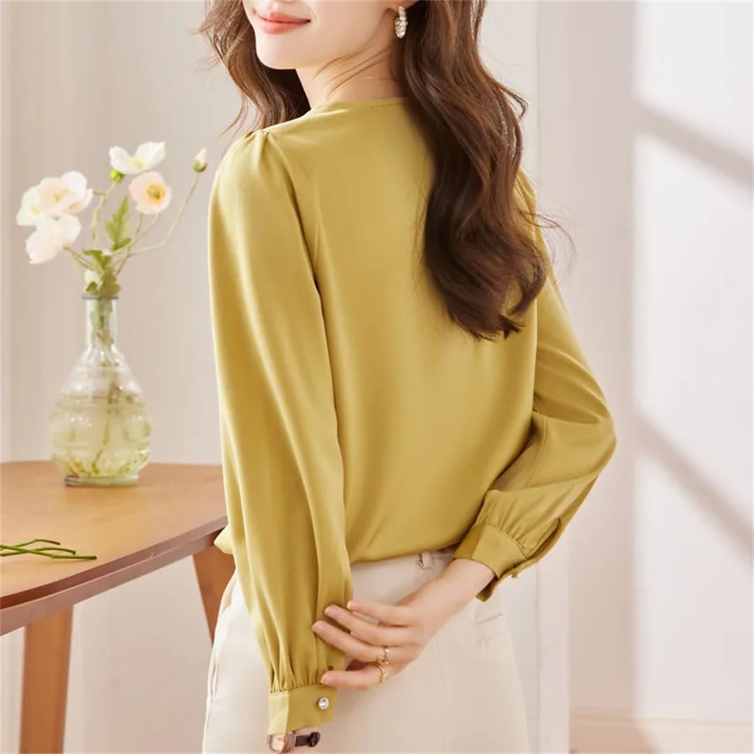Camisa bordada para mujer, cuello redondo, manga larga, para oficina, trabajo
