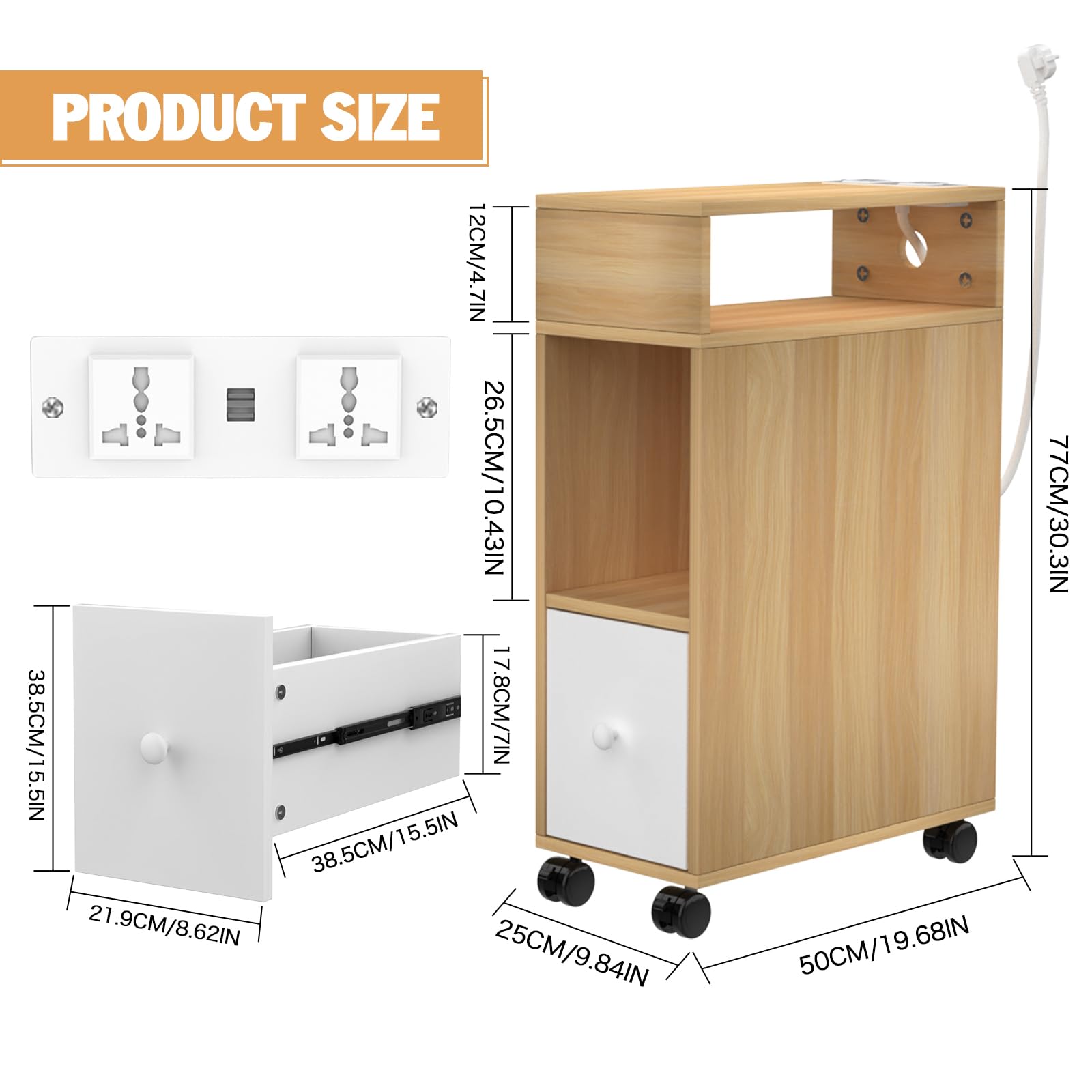 Mesilla de Noche Estrecha con Estación de Carga, Mesita de Noche con Puertos USB, Mesita Auxiliar con Cajones y Estante, Mesita de Noche Para Habitaciones Pequeñas, Mesa Auxiliar con Ruedas