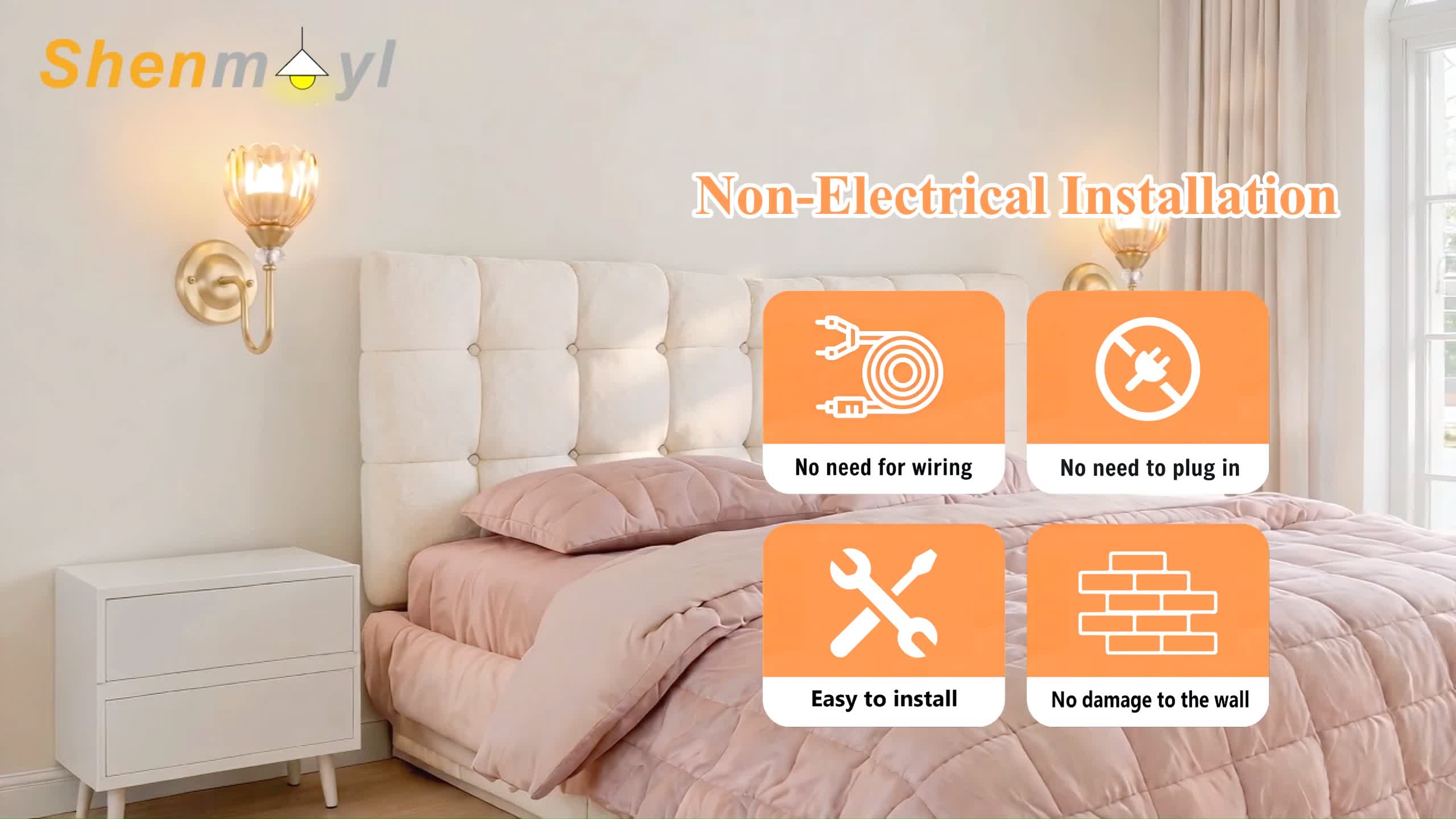 Image of Set of 2 Vintage Battery Operated Wall Sconce, Rechargeable Wall Lamp with 5000mAh Battery & Remote Control, Dimmable Wall Lights with tulip shade for Bedroom Bathroom Living Room, (Tulip Amber Up)