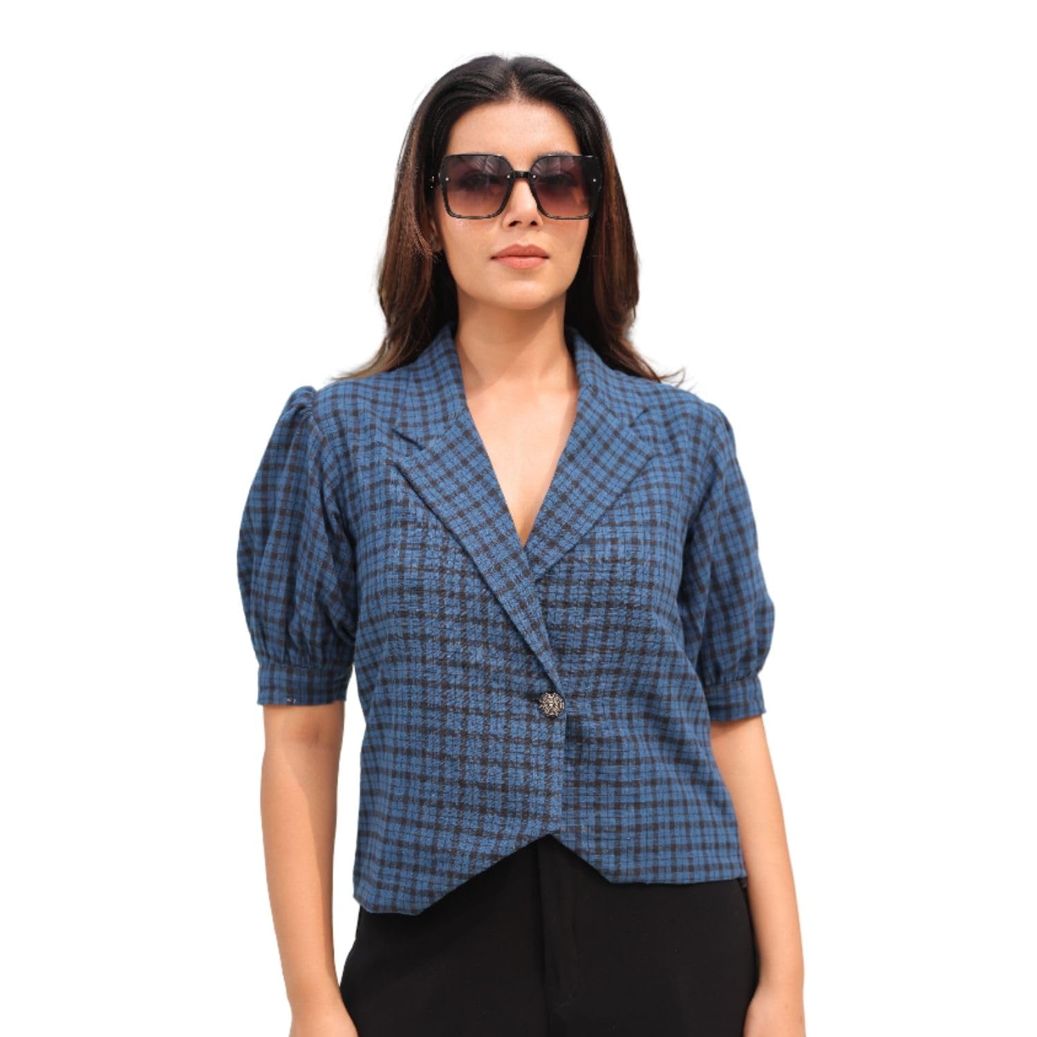 panchakanya Women's Plaid Blazer Top with Puff Sleeves, Blue and Black Check Pattern, Single Button Closure-picture-29