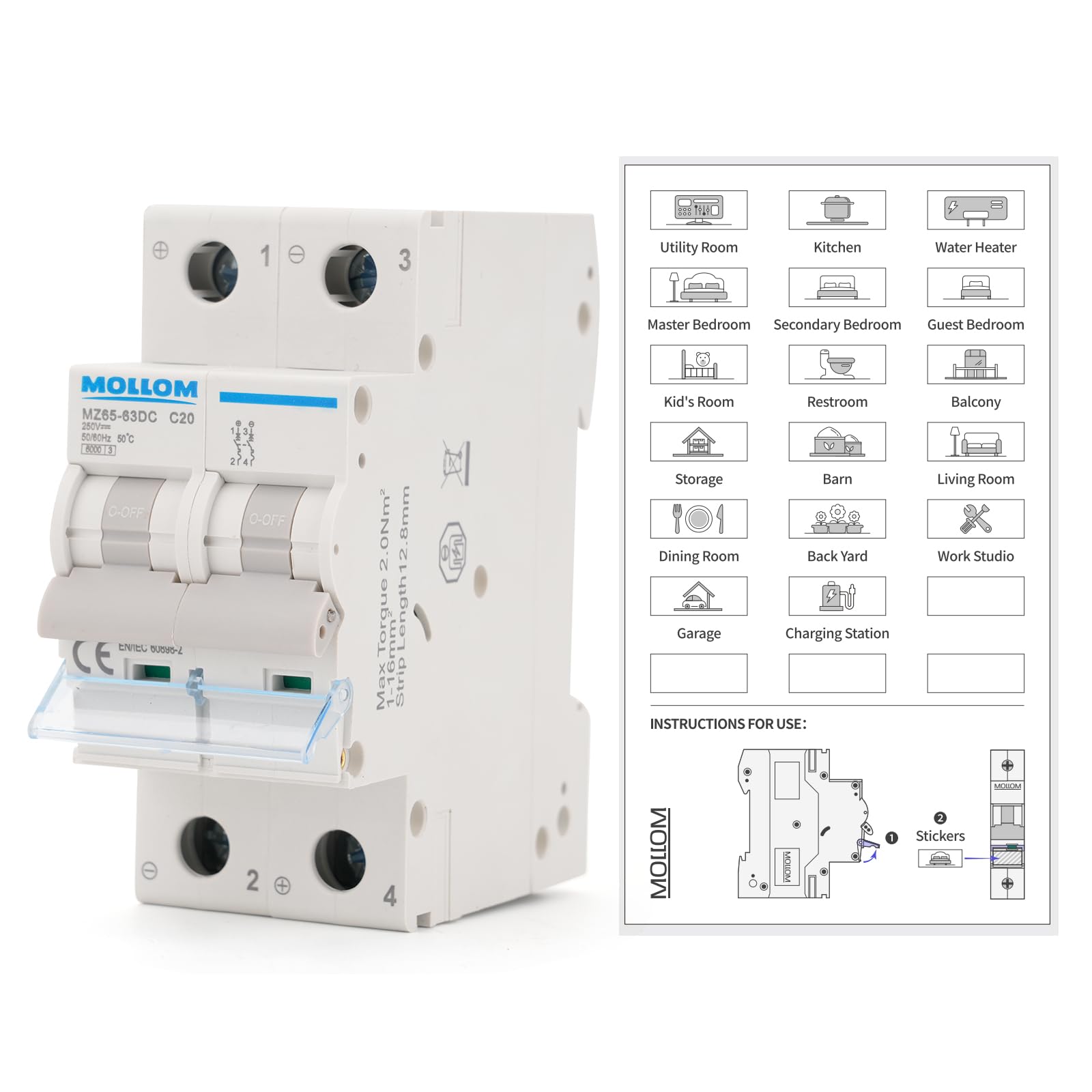 MOLLOM DC 2 Pole Miniature Circuit Breaker, 250V 20Amps, C20 Scene Visualization Custom MCB Thermal Magnetic Trip, 6KA Breaking Capacity DC Disconnect Switch for Solar PV System