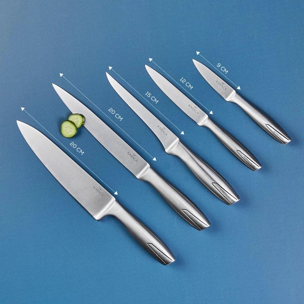 Karaca Venüs - Messerblock mit Messer 6-teiliges Set, Messerset Scharf im Glass-block, Edelstahl Küchenmesser, Brotmesser, Kochmesser Set