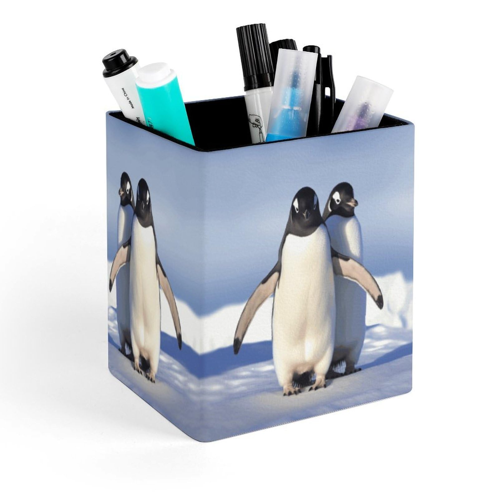 FekiLoot Cute Penguin Pencil Holder for Desk Square Leather Pen Holder Cup Desktop Organizer Multi-Functional Pencil Cup Holders Modern Decorative Desk Organizer Caddy Makeup Brush Holders