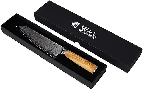 Miniatura 6 de Wakoli Hoja de cuchillo Damasco Chef de 8 pulgadas extremadamente afilada de 67 capas de Damasco japonés genuino con mango de madera de olivo, serie