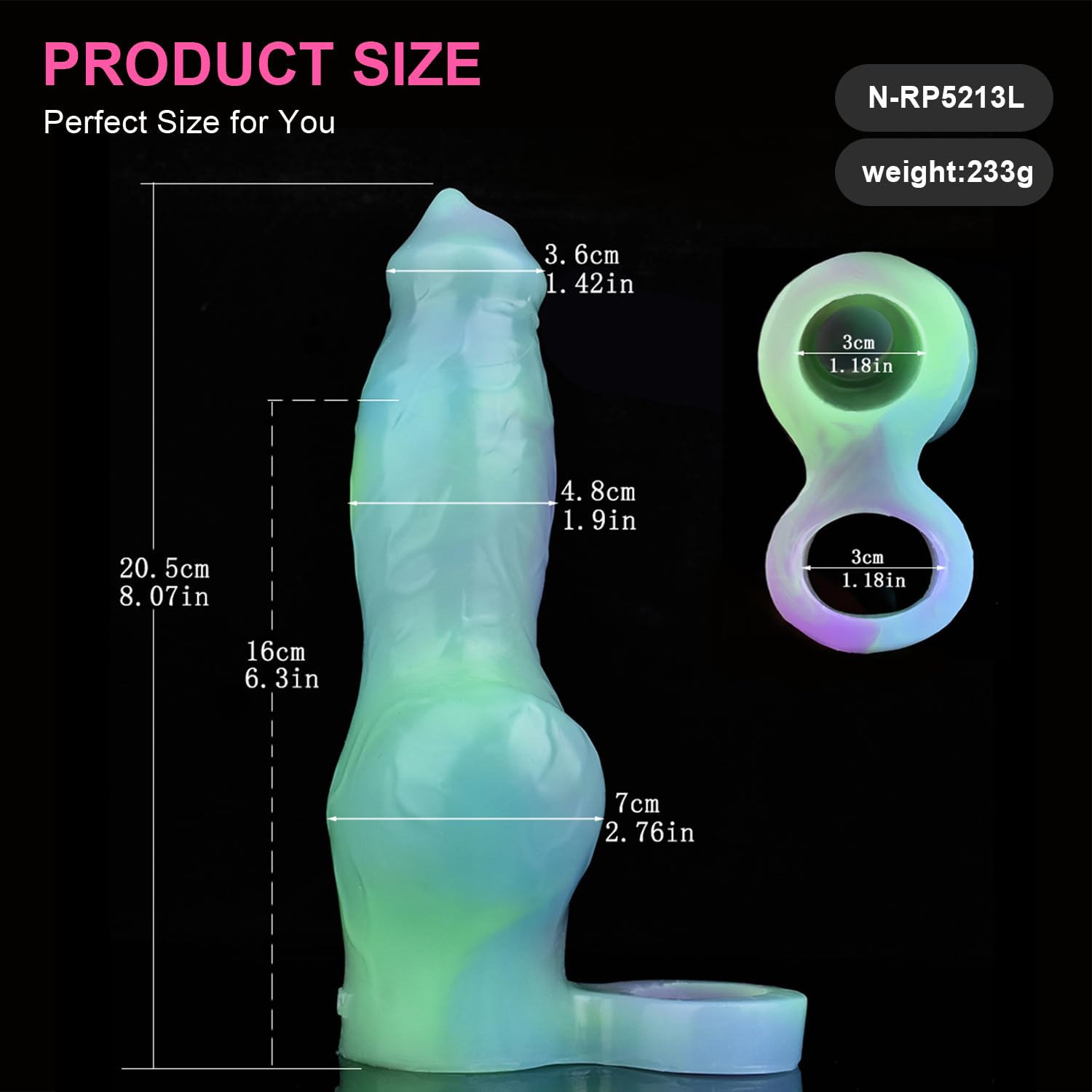 8 Inch Monster Cock Sleeve, Horse Penis Sleeve with Cock Ring, Pennis Extender & Dick Extension, Glow in The Dark Sex Toy for Men Couples: Yc-ls2084-f