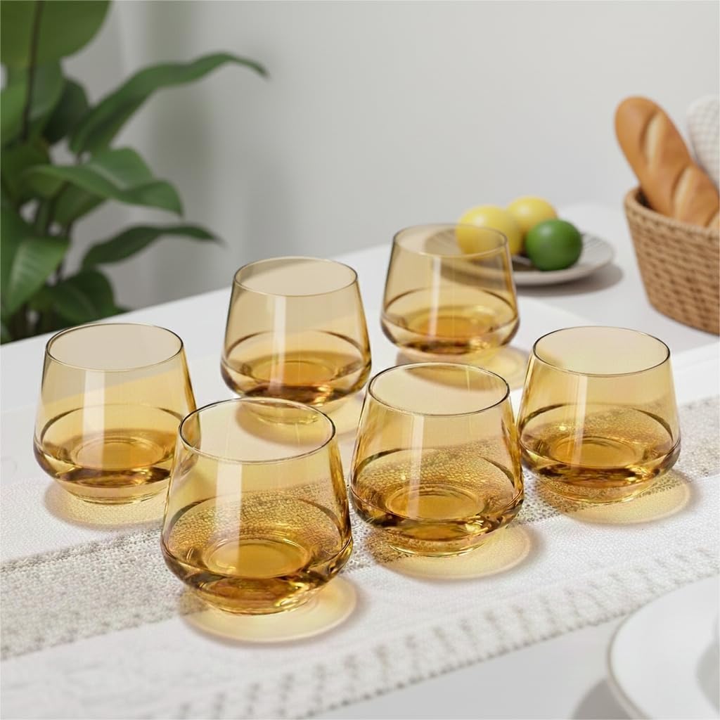 Amber Stemless Wine Glasses Set of 6 – 14oz Unique Amber Glassware for Wine, Water, Cocktails – Stylish Drinkware for Home Bar, Parties,Kwanzaa
