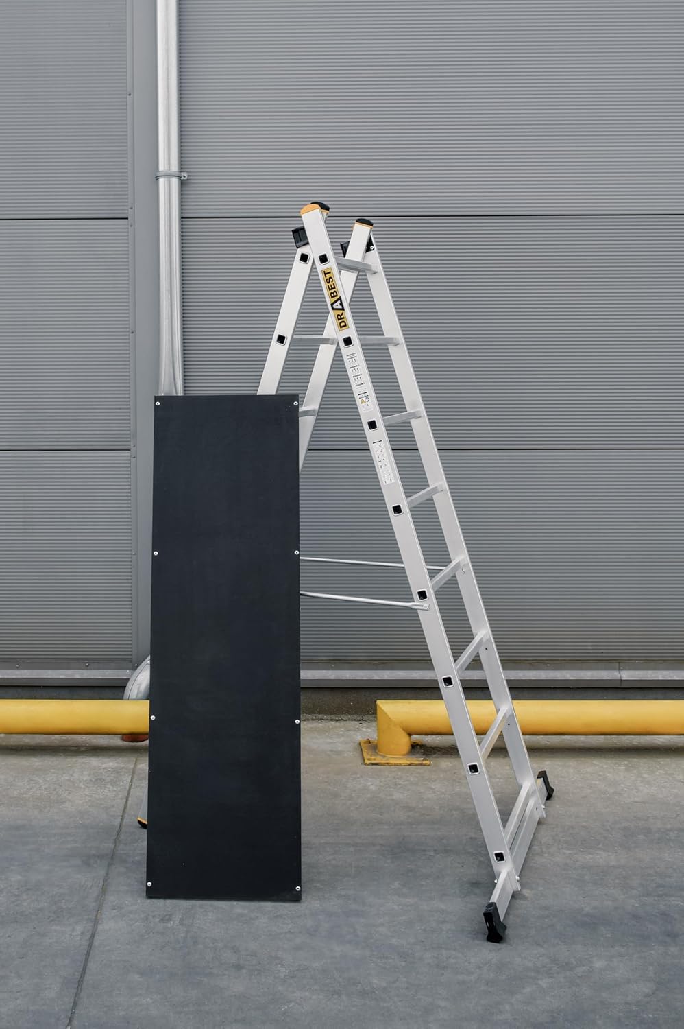 DRABEST Escalera de Aluminio Pro 3en1 - Andamio, Plegable, Multiusos con Plataforma de Trabajo y Gancho para Cubo - Aluminiopara CONSTRUCCIÓN, jardín - 2X 8 peldaños