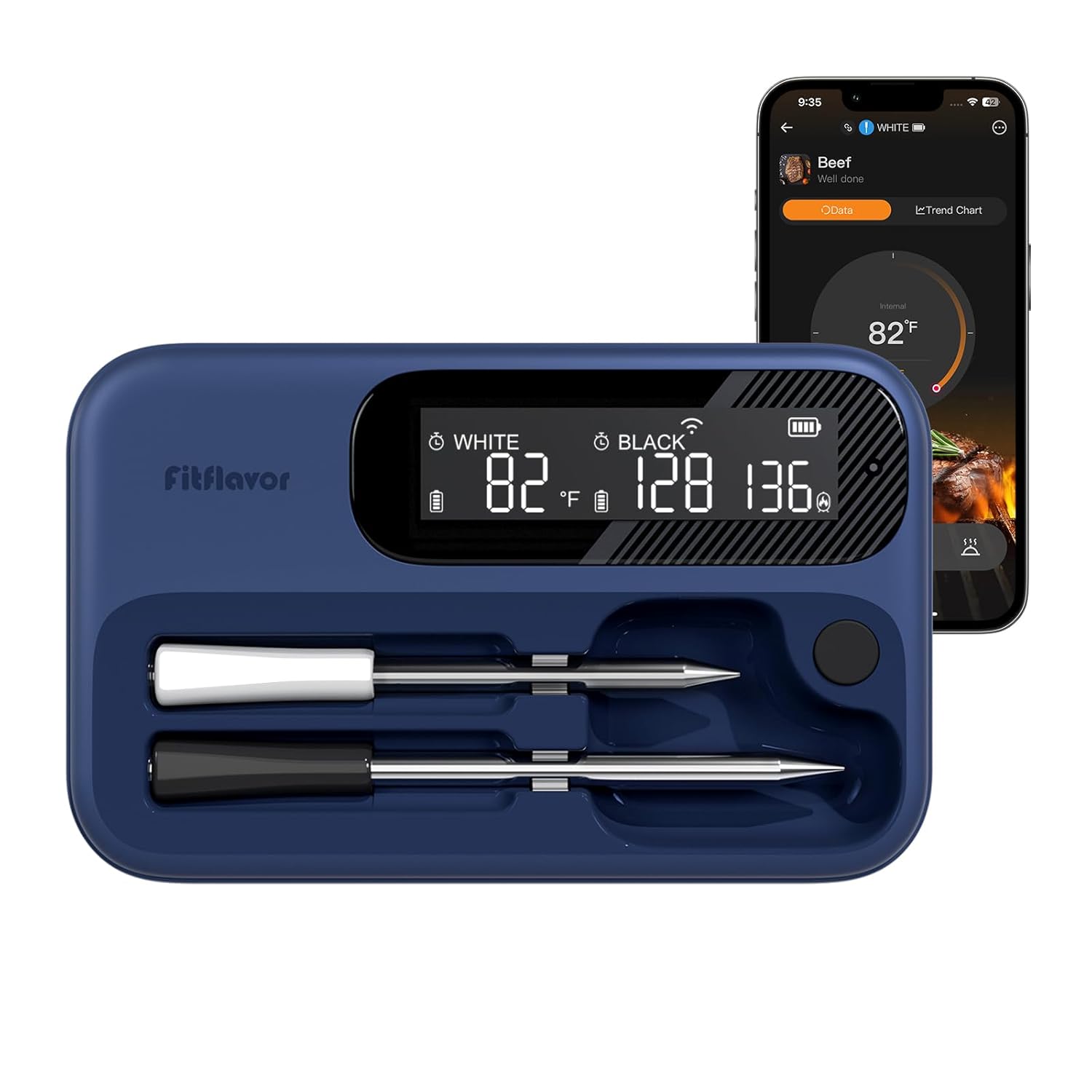 Termómetro inalámbrico para carne, doble sonda para ahumador, Fitflavor 5G WiFi termómetro de carne Bluetooth para parrilla, barbacoa, sonda