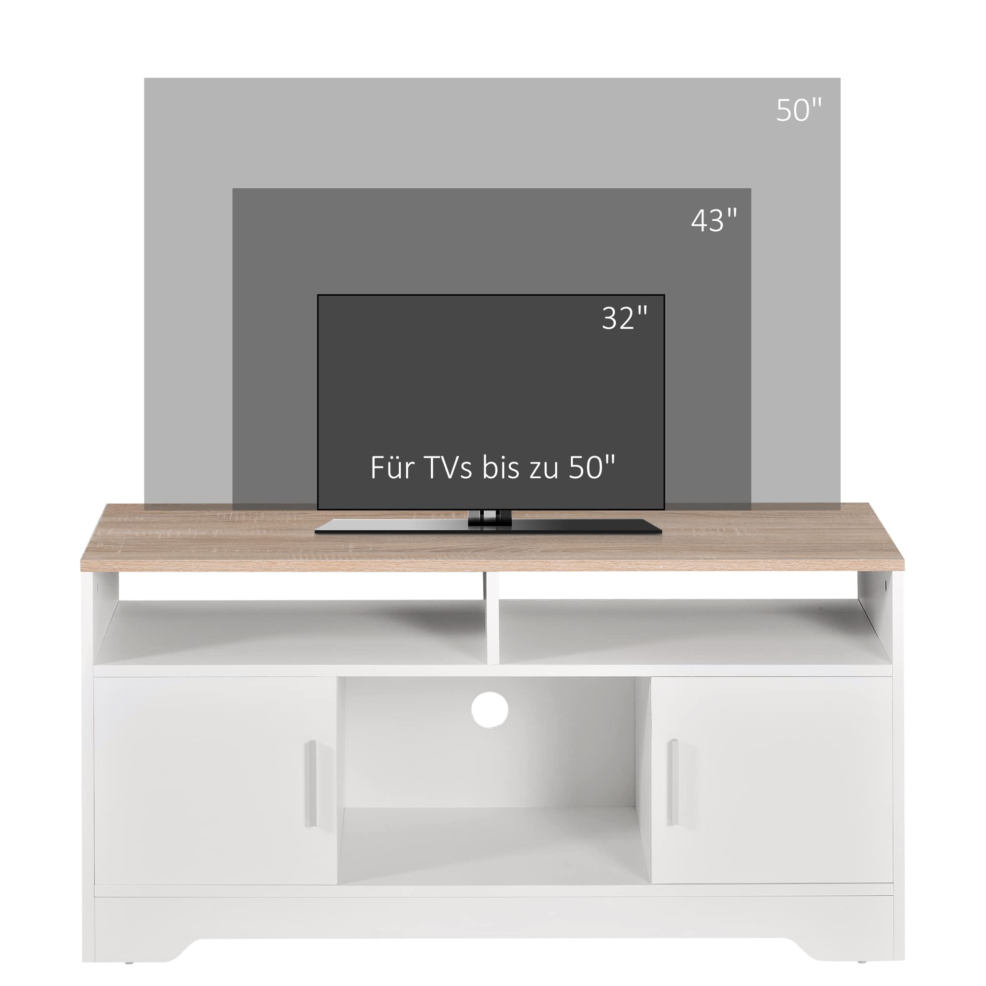 HOMCOM TV-Lowboard Fernsehschrank TV-Bank mit 2 Schränken und 3 offenen TV-Kommode bis zu 50 Zoll Fernsehtisch Unterschrank Kabelführungsöffnung Spanplatte Weiß+Naturholz 105 x 40 x 52 cm