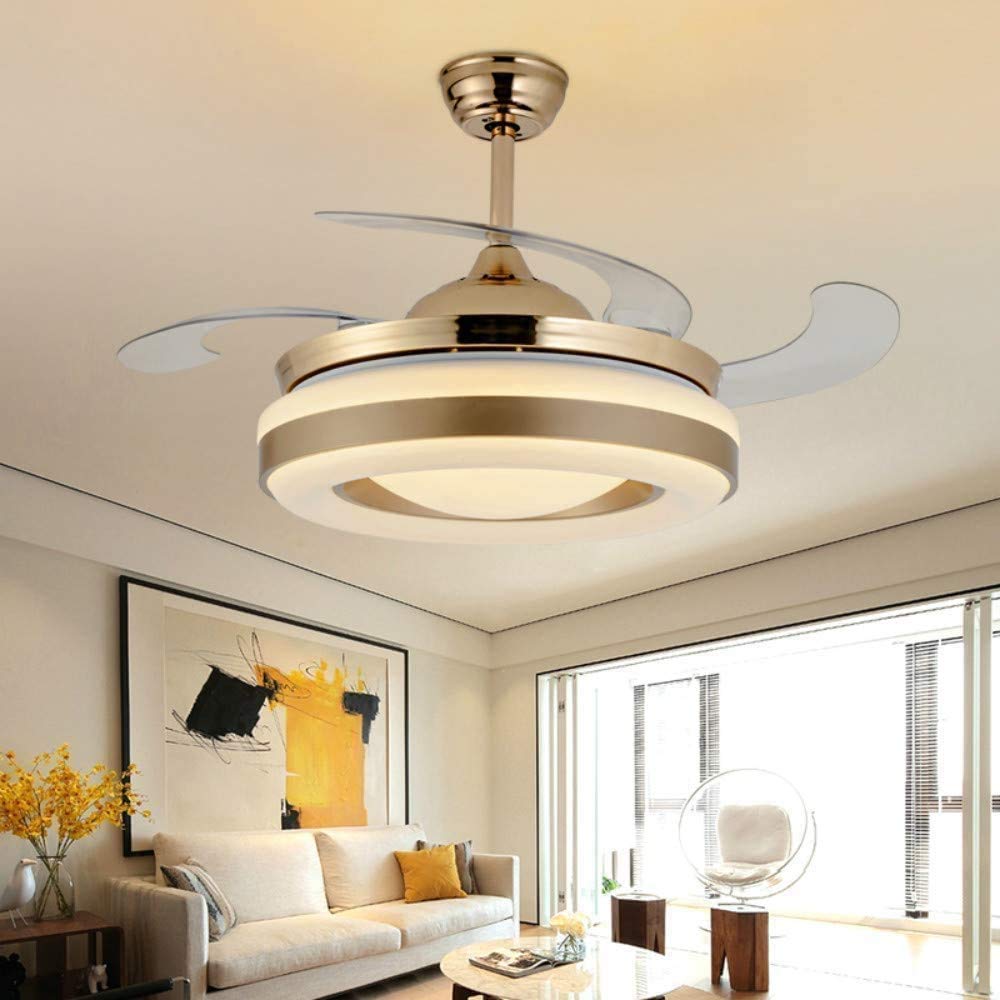 Photo 1 of 42" Invisible Reversible Ceiling Fan with Light and Remote, 4 Retractable Brown Blades Fan Chandeliers for Bedroom Livingroom, Indoor Ceiling Light Kits with Fans (42 Inch, Gold-05)