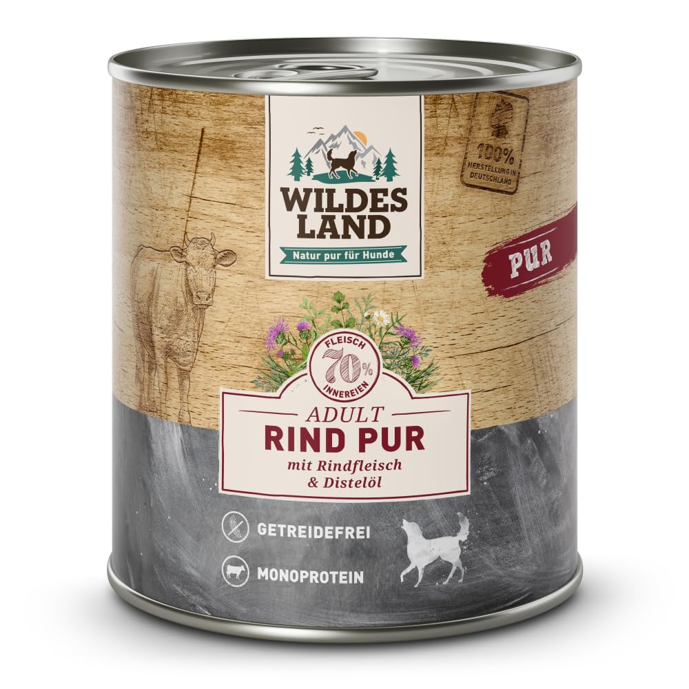 Wildes Land - Nassfutter für Hunde - Rind PUR - 12 x 800 g - mit Distelöl - Getreidefrei - Extra hoher Fleischanteil von 70% - Beste Akzeptanz und Verträglichkeit
