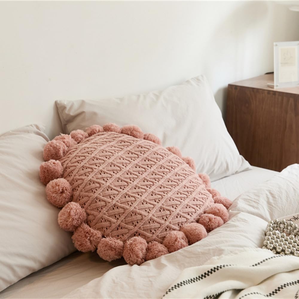 Lindo cojín Redondo con borlas y Pompones, Almohada Decorativa para decoración del hogar para Cama, sofá, Silla de Punto esponjosa, cojín para Coche, Gris, 50x50cm