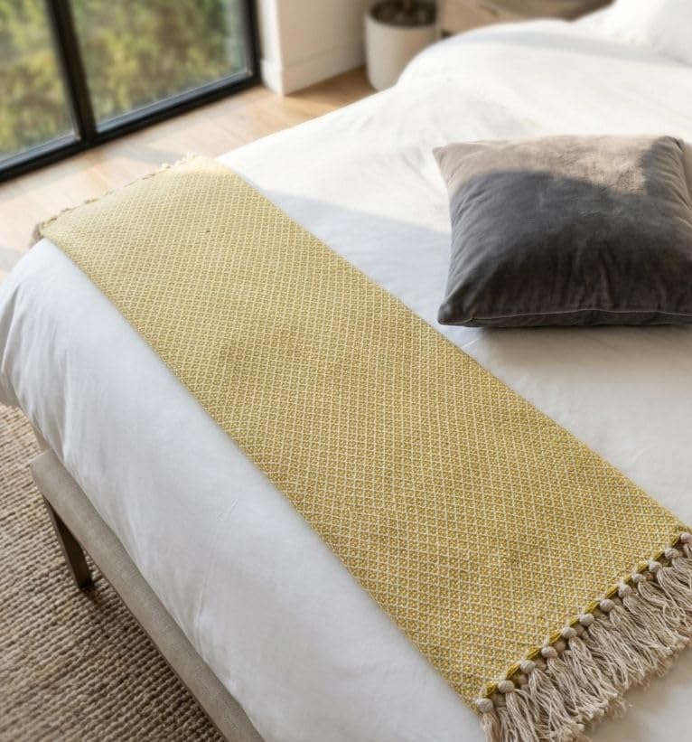 Image of HAKAM Mint Green Jacquard Pure Cotton Throw for 3 Seater Sofa with Tassels | 182x248 cm | Vintage Throw for Sofa, Bed, Chair & Travel - Ideal for All Season | Pack of 1 - VR (Yellow, 127X203 cm)