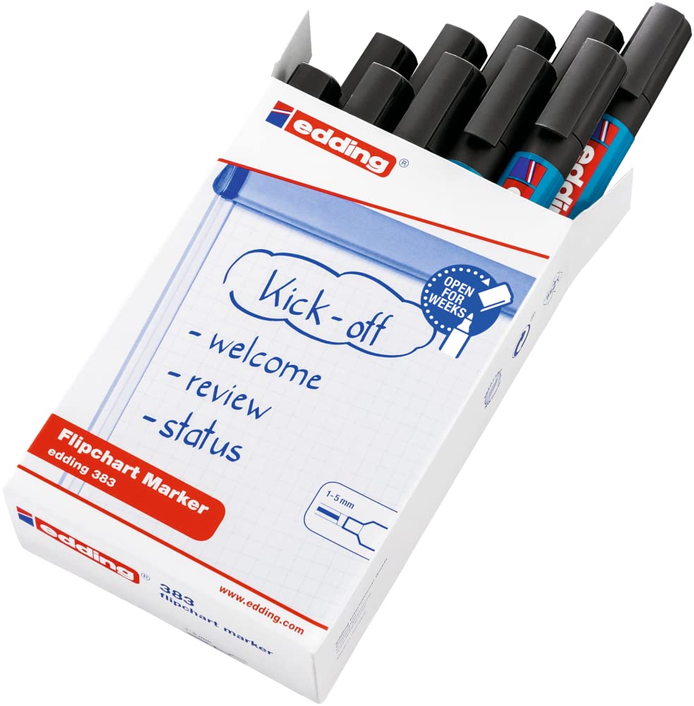 edding 388 Flipchart-Marker - schwarz - 10 Stifte - Keilspitze 4-12 mm - Stift zum Schreiben, Zeichnen und Markieren auf Flipcharts-Tinte schlägt nicht durch Papier - trocknet nicht aus - farbintensiv