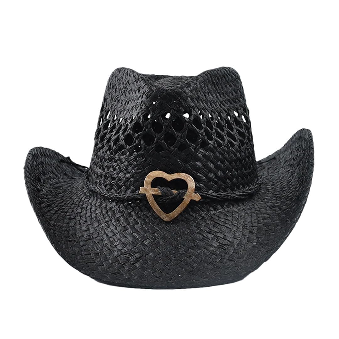 Cappello di paglia da donna, stile occidentale, per attività all'aperto, spiaggia, cappello da sole, Nero , Etichettalia unica