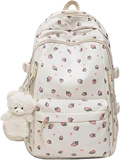 Tewzafiya Mochila Escolar | Mochila Estética De Fresa | Espaciosa Para Libros | Para Estudiantes Niñas Niñas Regalo Cumple...
