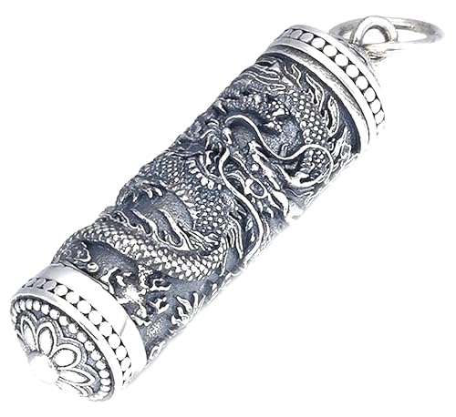 Genuine Solid 925 Sterling Silver Dragon Round Case Pendant Necklace-Father's Day Gift For Men, Him, Dad , Father , Husband, Black , Silver #TOP24