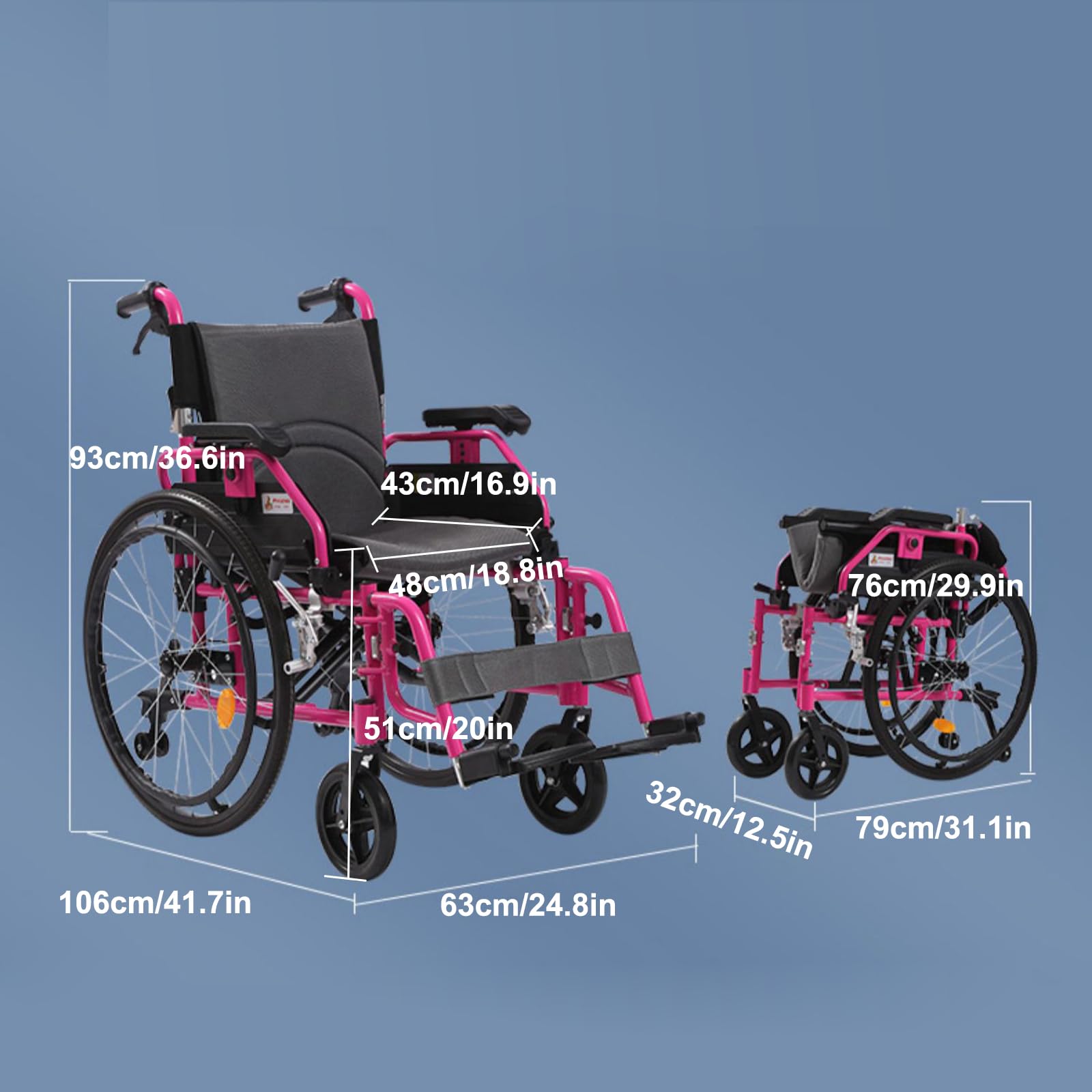 Silla de Ruedas de tránsito, Silla de ruedas aluminio plegable ligera con autopropulsión, Frenos manuales, Antivuelco(18.8" Seat Width,Pink)