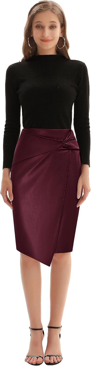 Kate Kasin Women's Faux Leather High Waist Wrap Knit Bodycon Midi Skirt for Business Casual Pencil Skirt - Image 6