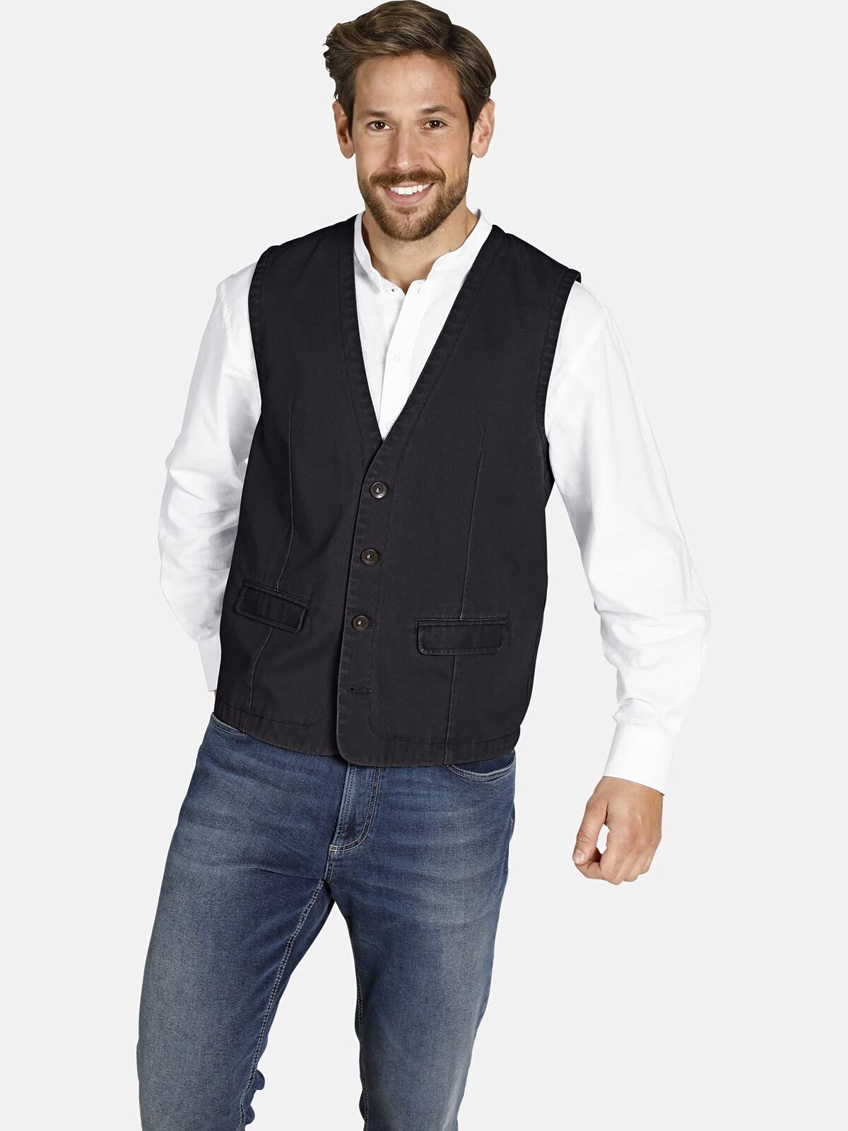 Jan Vanderstorm Herren Weste Torell | in Jeans-Optik, Freizeitweste aus reiner Baumwolle, Anzugweste im Denim-Look für Männer, große Größen L-7XL