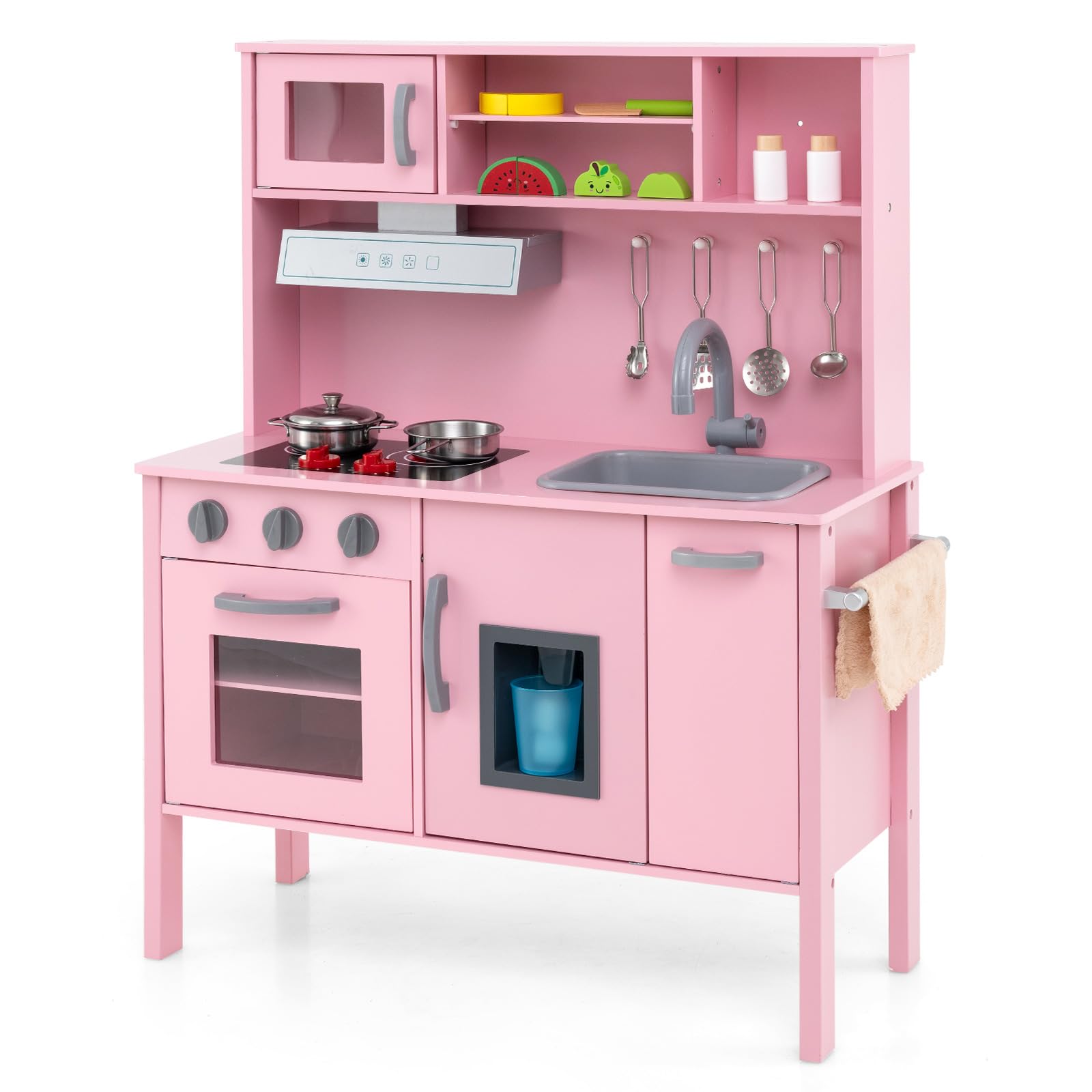 COSTWAY Kids Wooden Kitchen, Pretend Play Kitchen with Sound, Microwave, Oven, Ice Maker, Range Hood, Sink & 18 Accessories, Children Chef Role Playset for Boys Girls Ages 3+ (Pink)