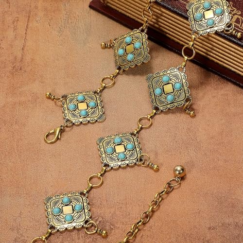 Image of WHIPPY Western Metal Concho Belt for Women Vintage Cowgirl Boho Turquoise Chain Belts for Dresses Jeans