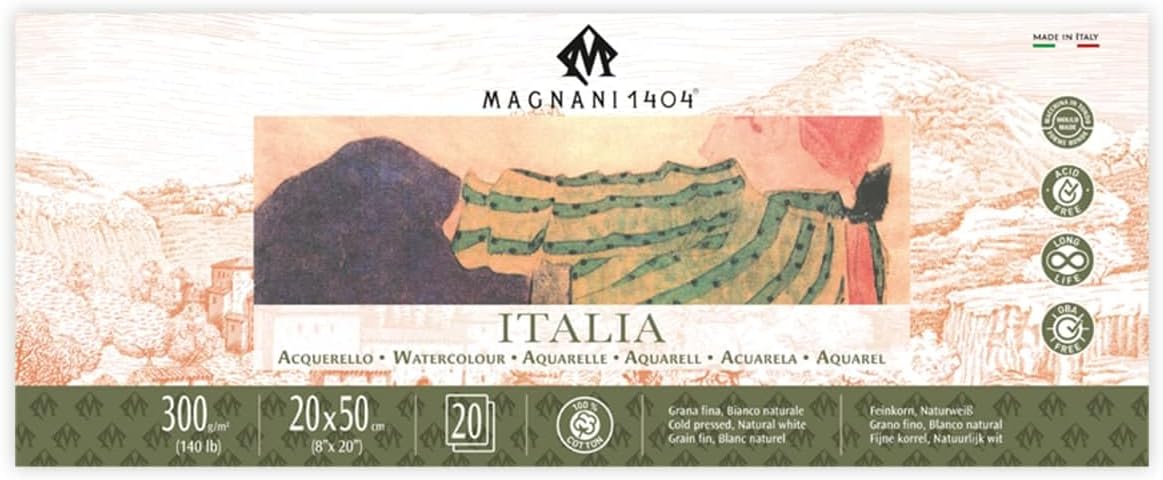 Magnani 1404 Italia Cold Press 100% Cotton Watercolor Paper Pad, 20 Sheets, 4.5x9, 140 lb, Acid-Free, UV Resistant, Deckled Edges, Vegan Sized Water Color Paper for Artists, Made in Italy