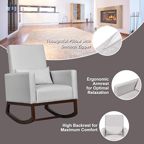 Miniatura 21 de Giantex Mecedora de tela con respaldo alto y almohada para la cintura, de madera, cónica y mecedora de dos patas, silla tapizada multifuncional para