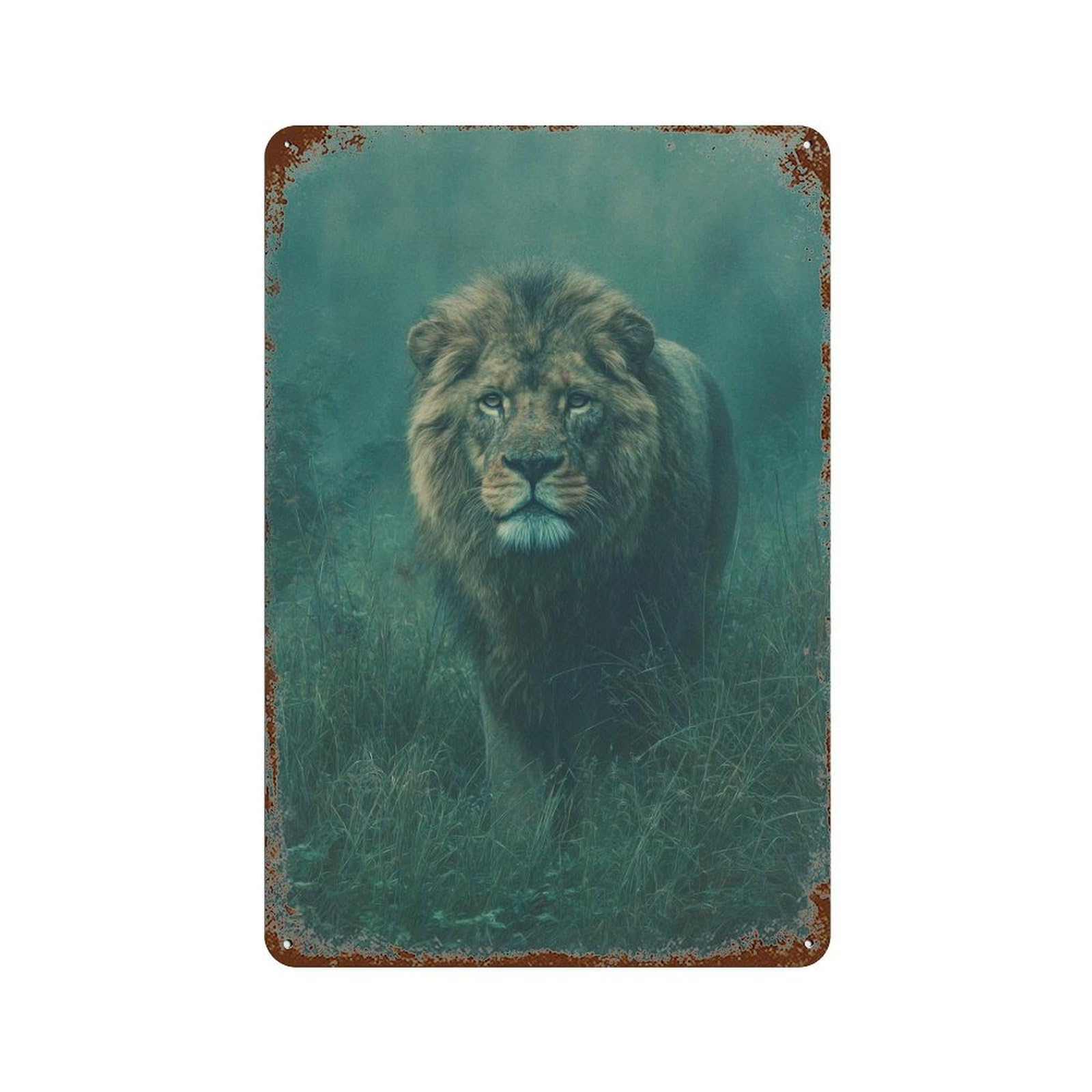 Wild Lion in Misty Grassland Distressed Metal Wall Sign 11.8"x7.9", Rustic Home Decor for Living Room, Hallway And Home Decor