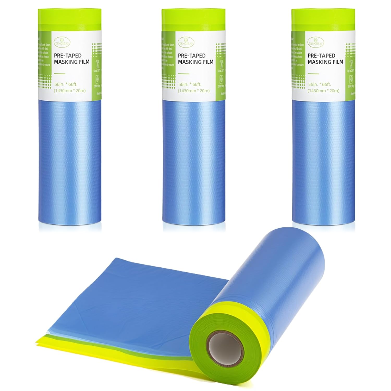Tangibay Pre-Taped Masking Film for Painting - 56" x 66' Painters Plastic Sheeting for House & Automotive Paint, Tape and Drape for Covering Cars, Walls, Windows and Furniture Protection (4 Rolls)