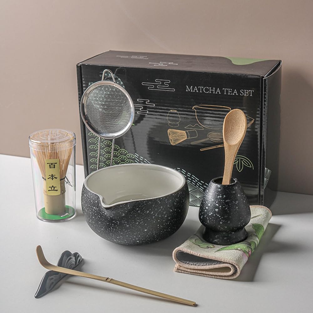 Juego de 8 batidores de matcha con caja de regalo negra, juego de kit de ceremonia de té tradicional japonés, juego de cuencos de cerámica esmaltada de color mate para amantes del té verde, color