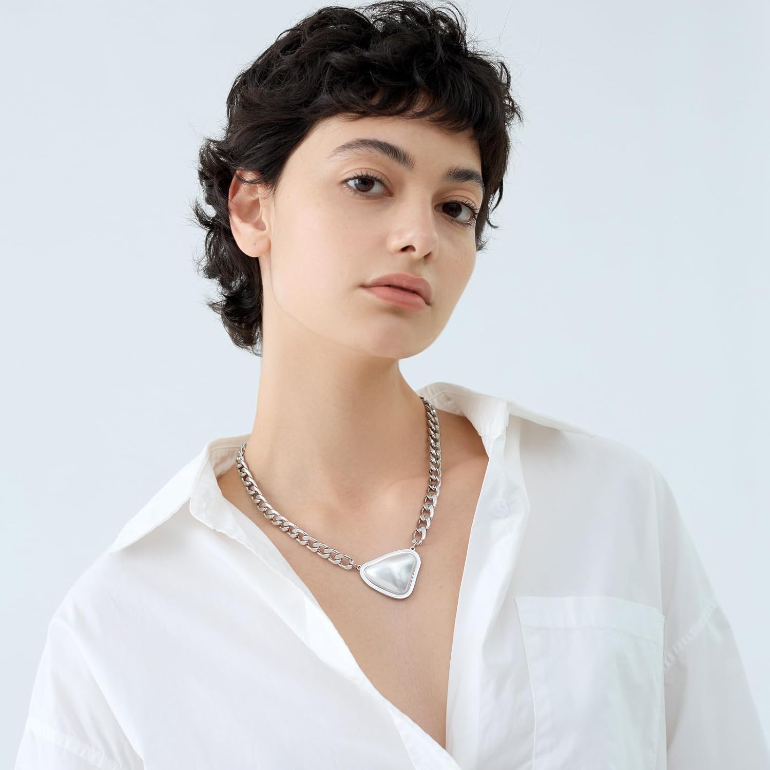 DASIQI Pearl Pendant Necklace Cuban Link Thick Silver Chain 19 inch Stainless Steel Fashion Jewelry - Image 5