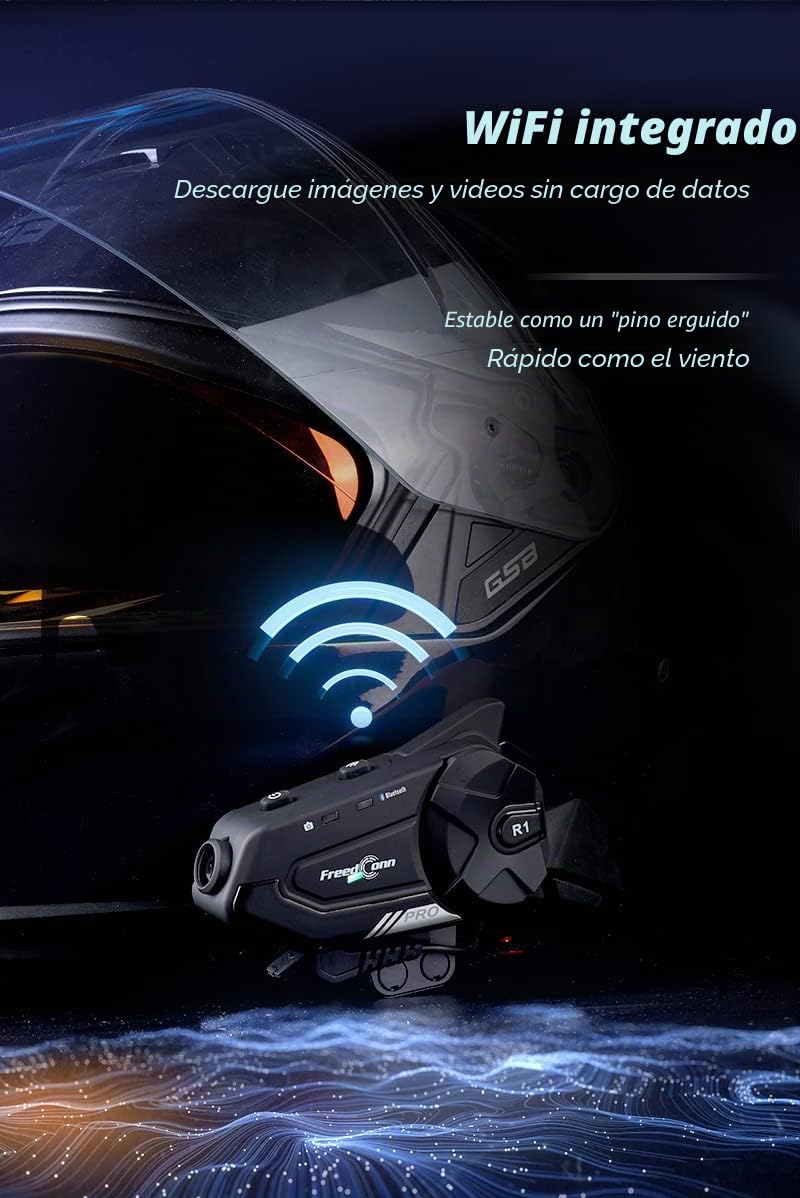 R1 Pro Auriculares bluetooth para casco de moto con cámara,6 vías 1000M intercomunicador, sistema de comunicación de la motocicleta, vídeo 2K/Siri/Música compartida/compatible con otras marcas(1Pack)