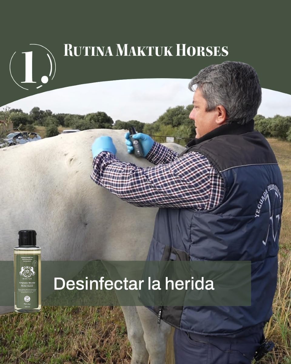 Opakowanie do pielęgnacji skóry dla koni, psów i kotów Maktuk Horses. Składa się z regenerującego kremu przeciwswędzącego I 200 ml I i Micelar Cleanser I 100 ml I