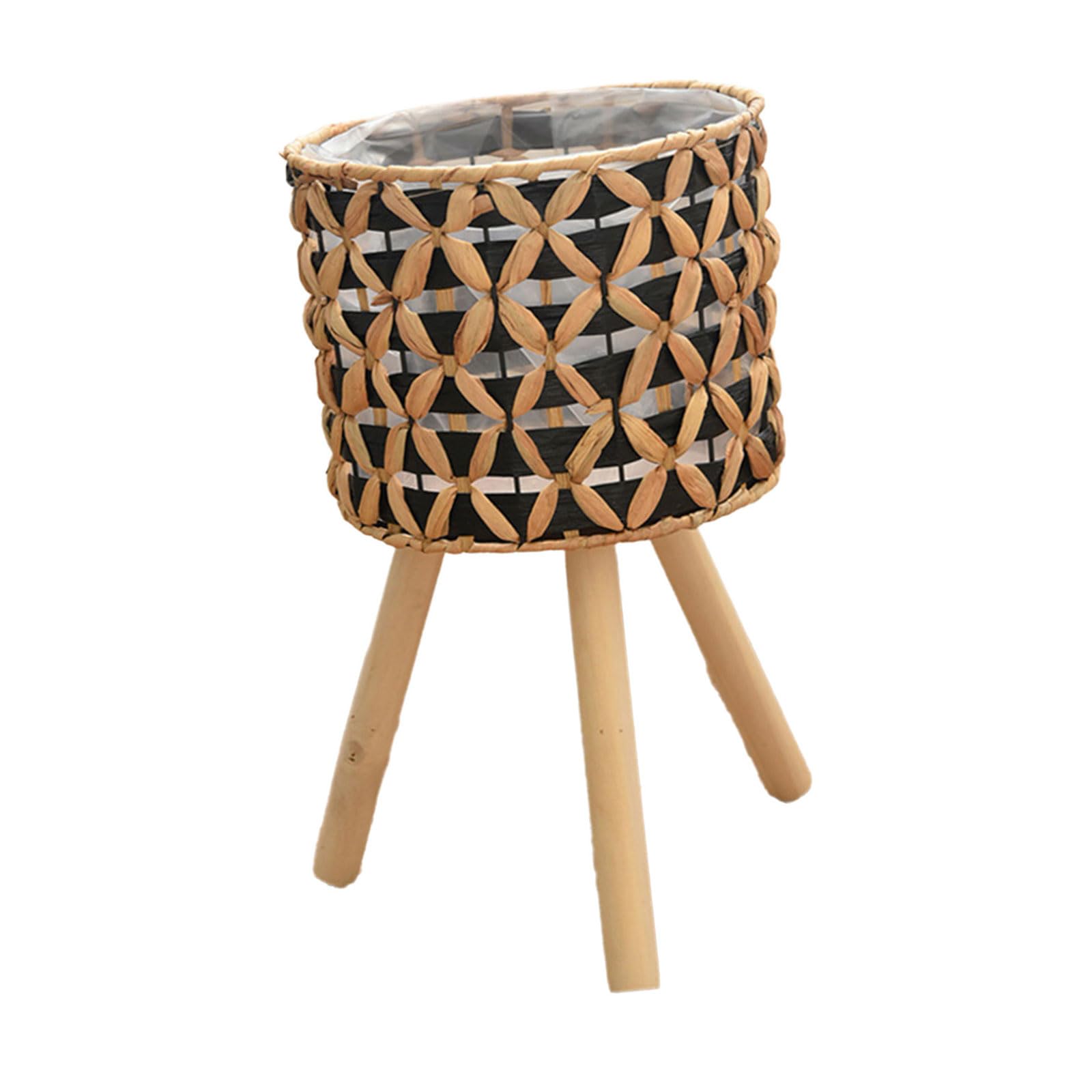 Hsioluted Stylish Indoor Plant Container Gourd Grass Planter Display Basket with Wood Legs Decorative Living Room Flower Pots Rack Living Room Plant Display