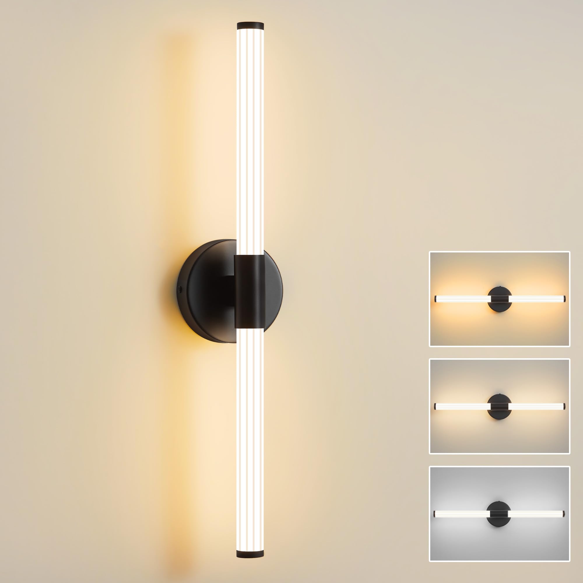 Actask Wall Lights Black LED Wall Sconce Light 360° Full Lighting 57CM 3CCT 8W 800Lumen Wall Lamp for Bathroom Bedroom Living Room Dining Room