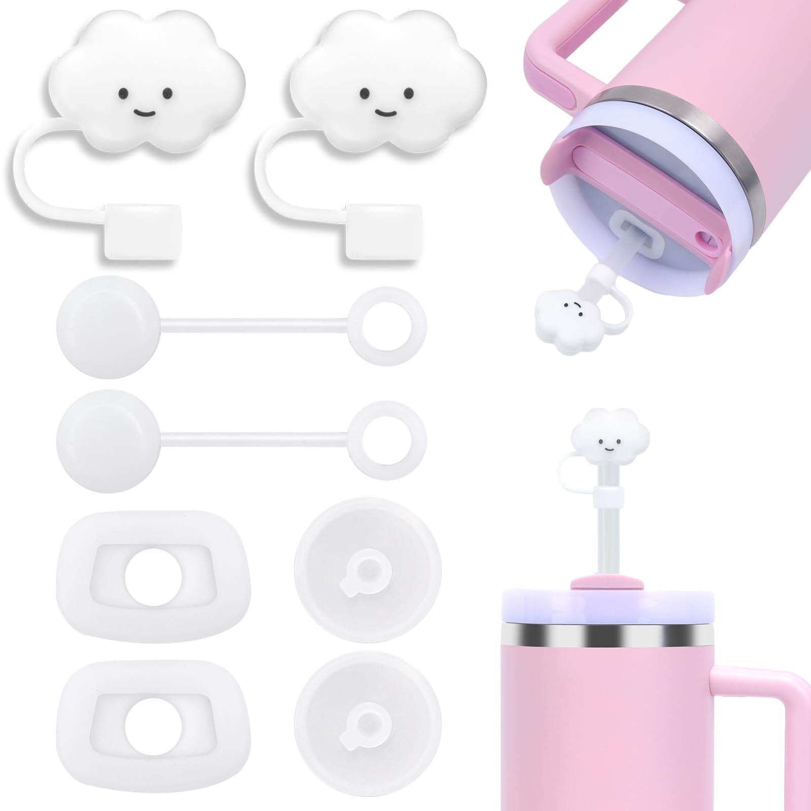 Raymall8pcs Stanley Spill Stopper For Stanley Cup 40oz/30oz H2.0, Silicone Spill Proof Stopper Set With Clear Straw Topper, Cute Cloud Straw Cover, Square Spill Stopper and Round Leak Stoppers