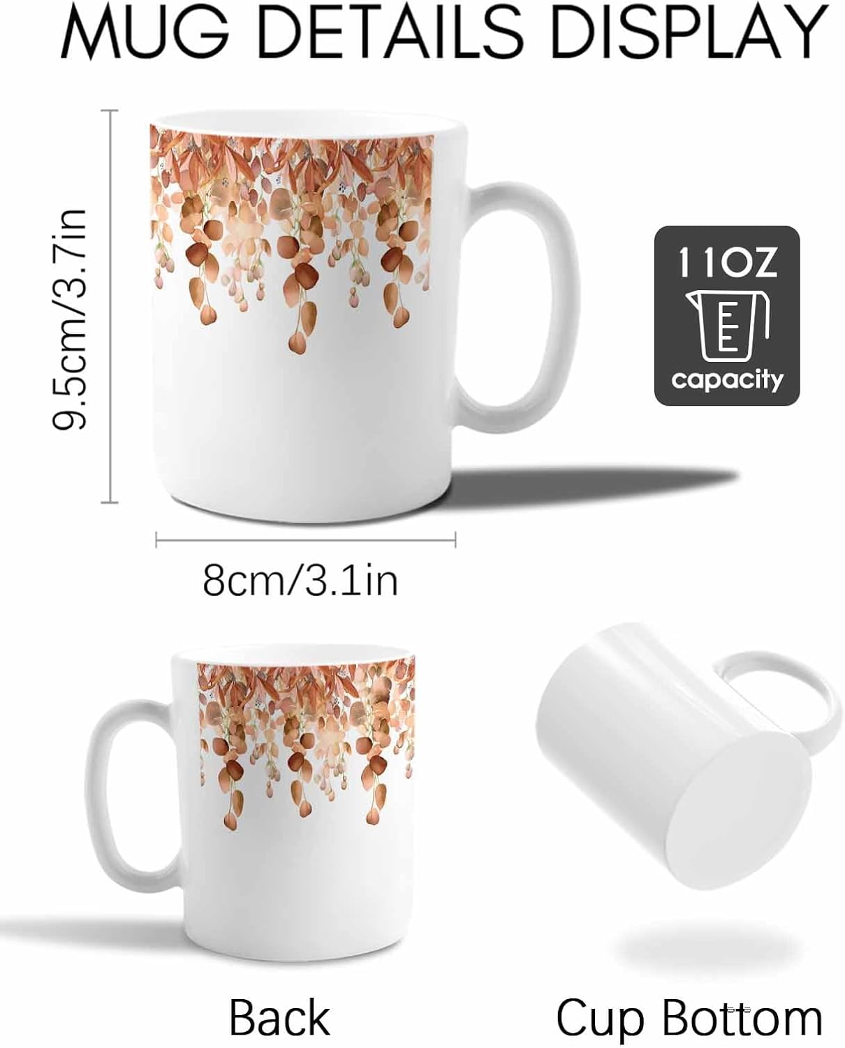 BEMIGO Ceramic Coffee Mug Spring Falling Eucalyptus Leaves Ceramic Mug White Cup, Orange Insulated Coffee Cup with Handle with Pattern Perfect for Tea and Hot Beverages, 12oz