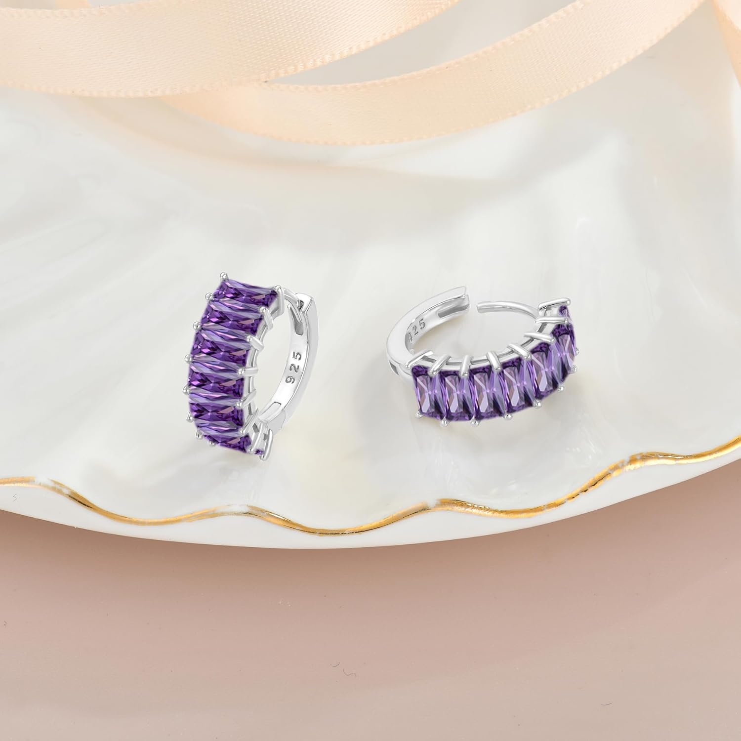 Gemstone Huggie Hoop Earrings, 925 Sterling Silver Baguette Hoop Earring Birthstone Jewelry Gift for Women - Image 5