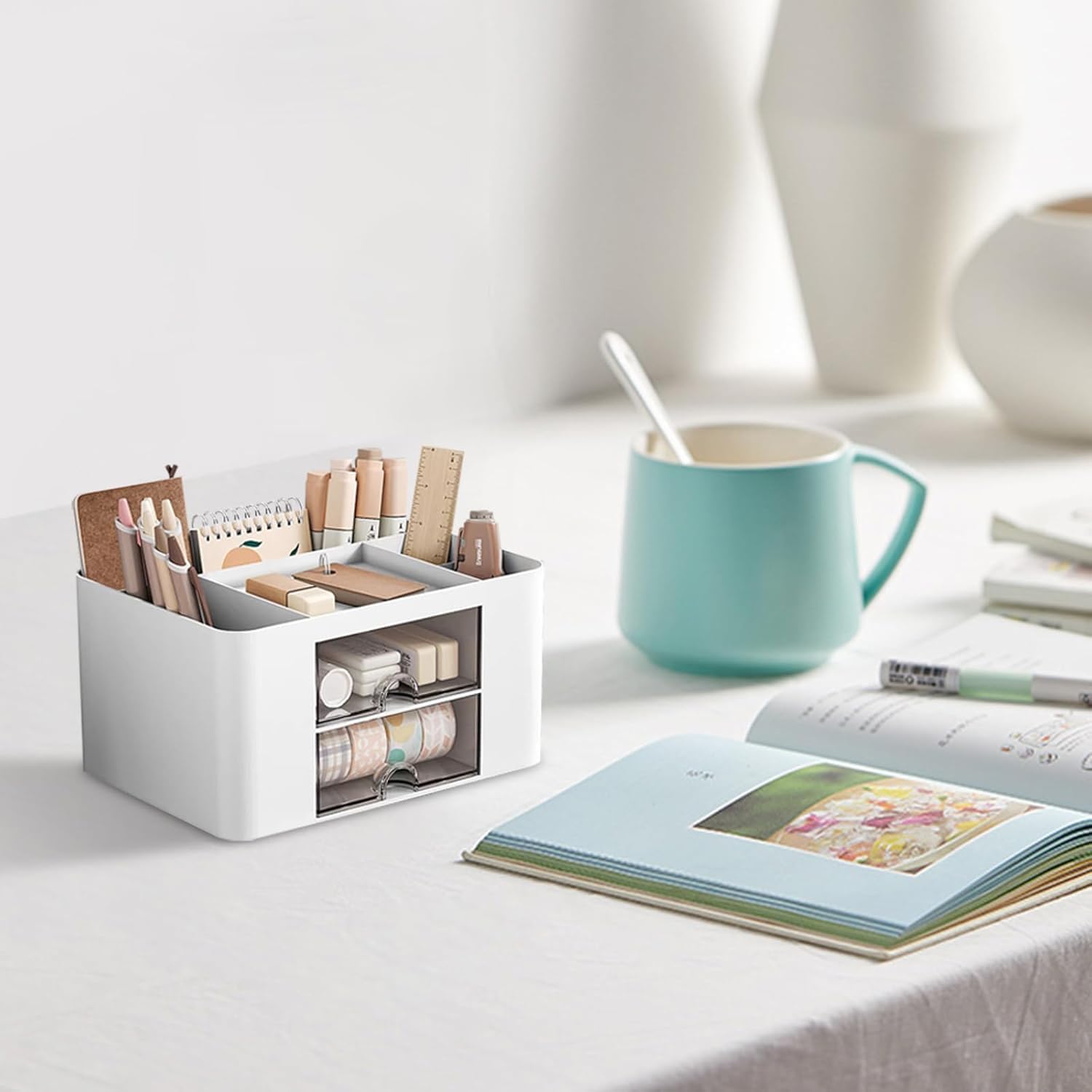 UCRAVO Multifunktionaler Schreibtisch-Organizer mit 5 Fächern und 2 Schubladen, Schreibtisch-Bürobedarf, Schreibwaren-Aufbewahrungsbox, Kosmetik-Organizer für Kugelschreiber, Hefter, Clips